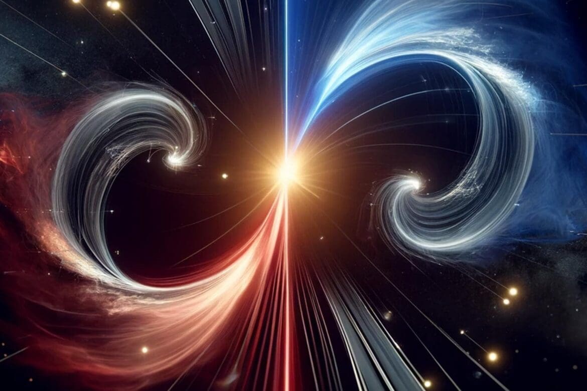 Cinematic visualization of splitting one unit into two using swirling curved beams and dynamic particle interactions.