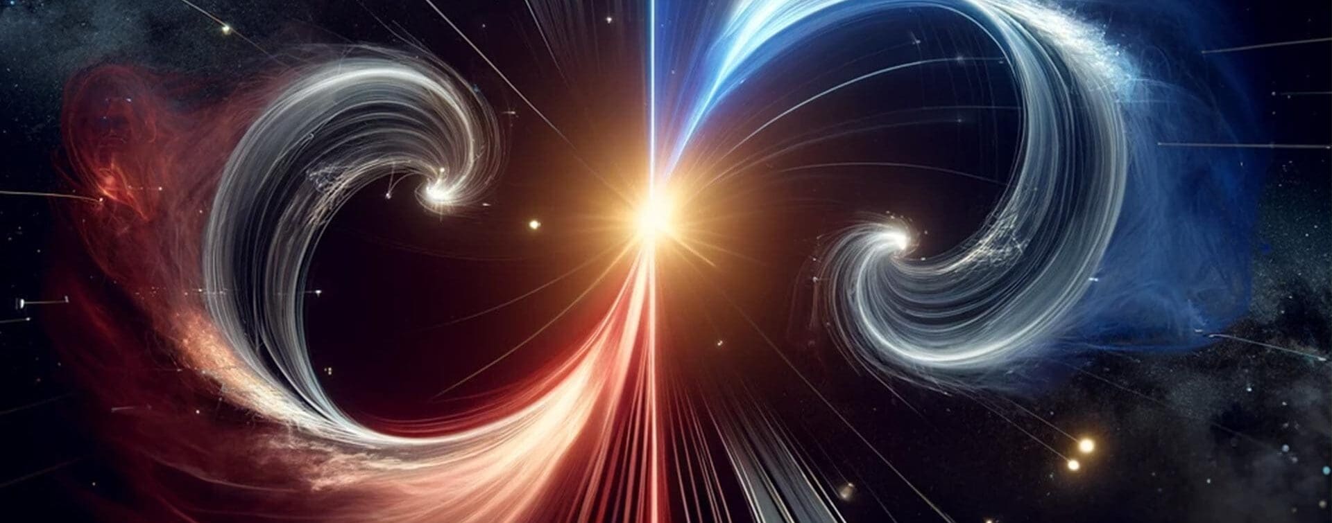 Cinematic visualization of splitting one unit into two using swirling curved beams and dynamic particle interactions.