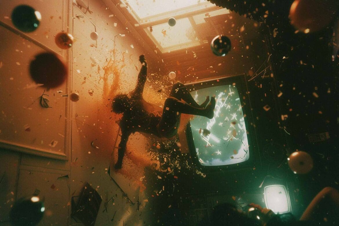 A surreal explosion of orange liquid and debris as a figure is thrown backwards, with retro televisions glowing in the chaos.