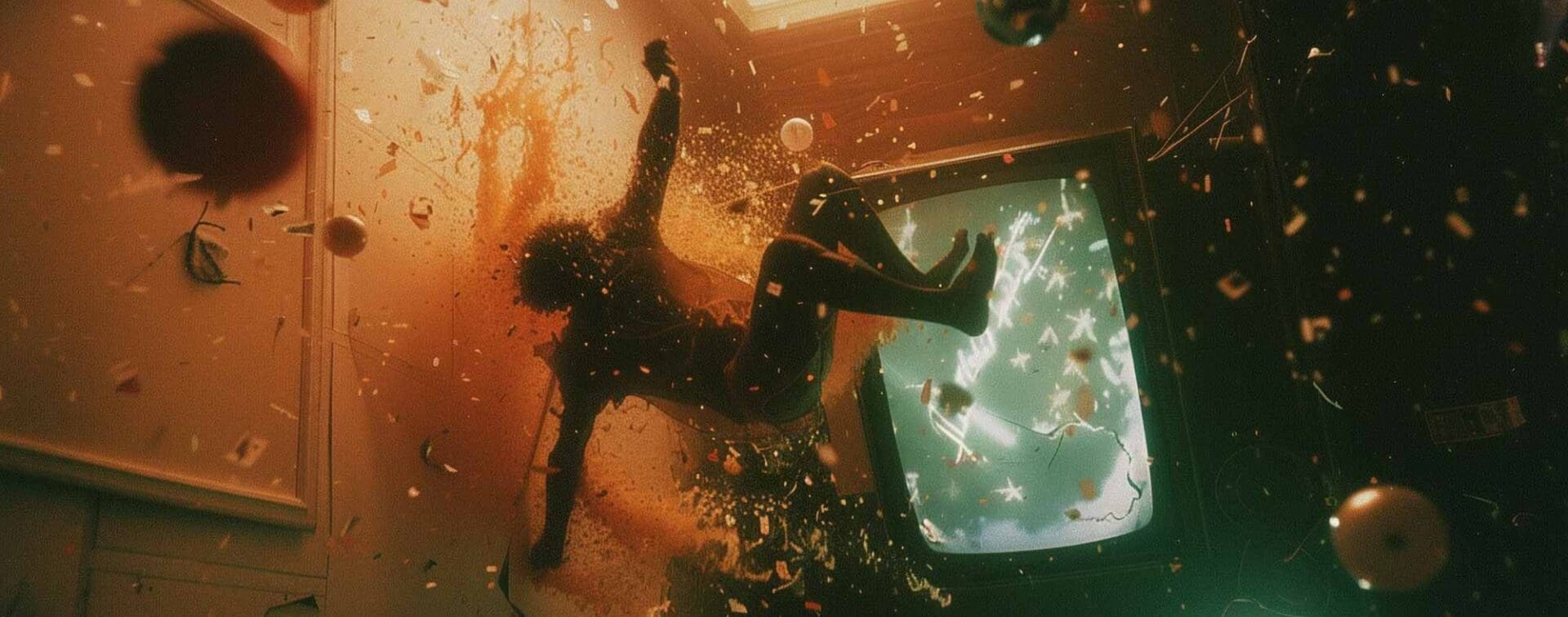 A surreal explosion of orange liquid and debris as a figure is thrown backwards, with retro televisions glowing in the chaos.