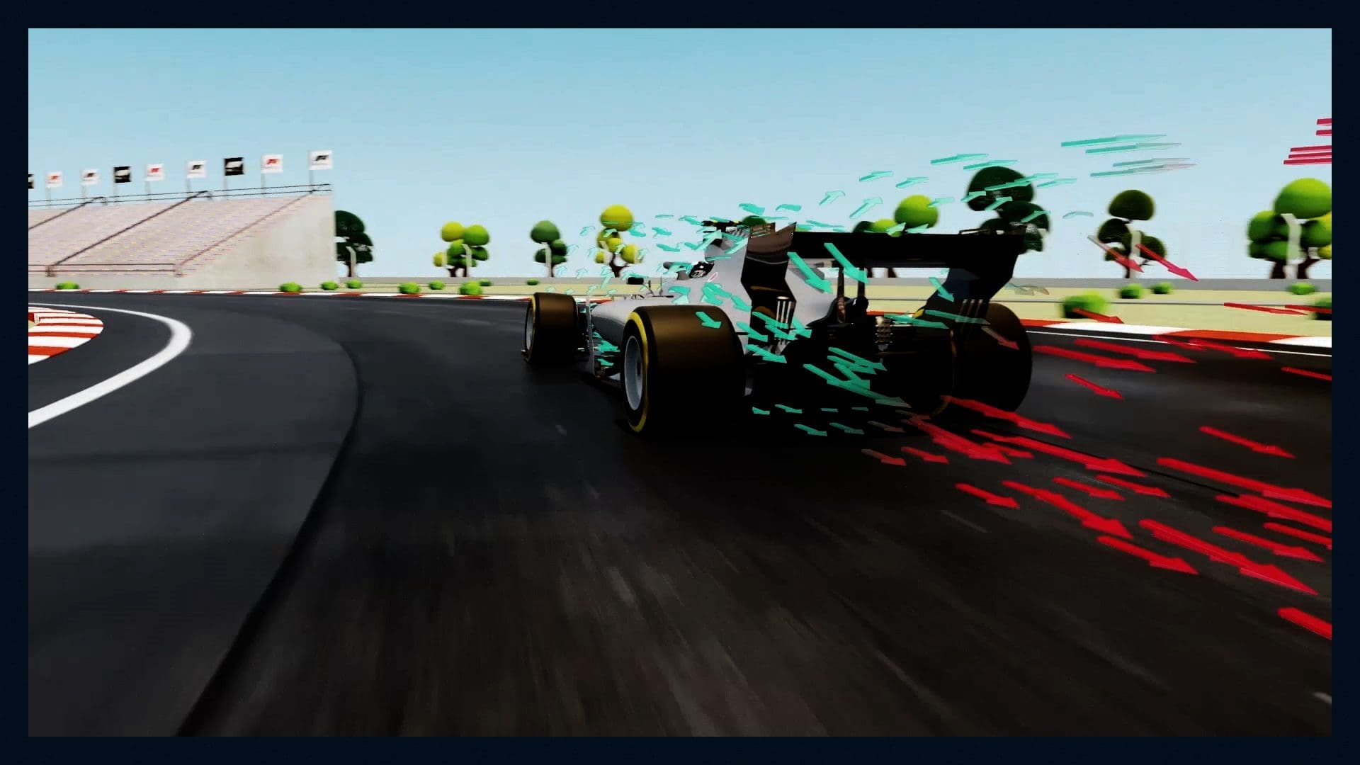 A simulated visualization of airflow around a Formula 1 car, demonstrating AWS-powered Computational Fluid Dynamics (CFD) used to optimize aerodynamics and race performance.