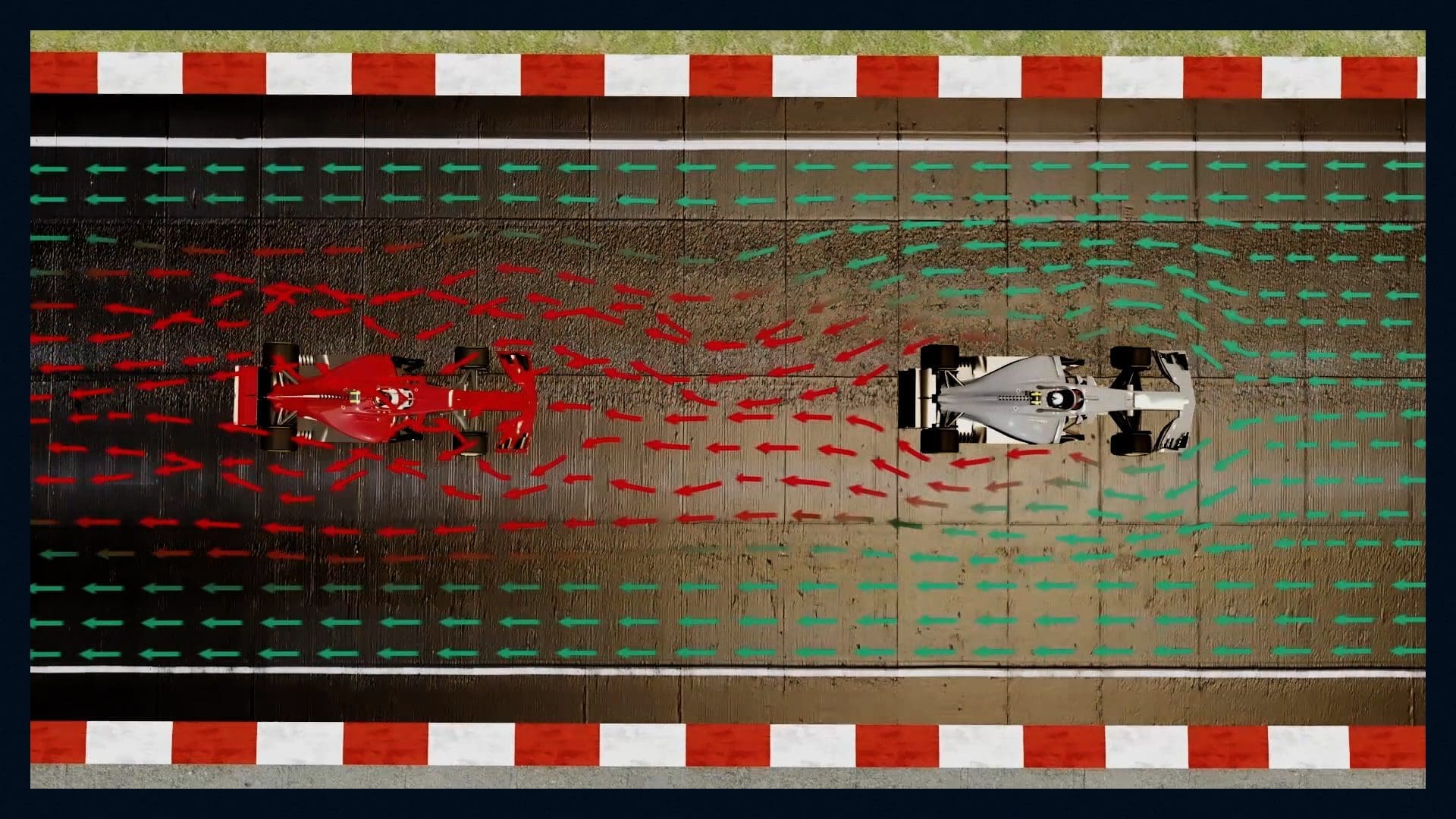 A top-down visualization of two Formula 1 cars with aerodynamic flow simulations, showcasing AWS-powered Computational Fluid Dynamics in race strategy.