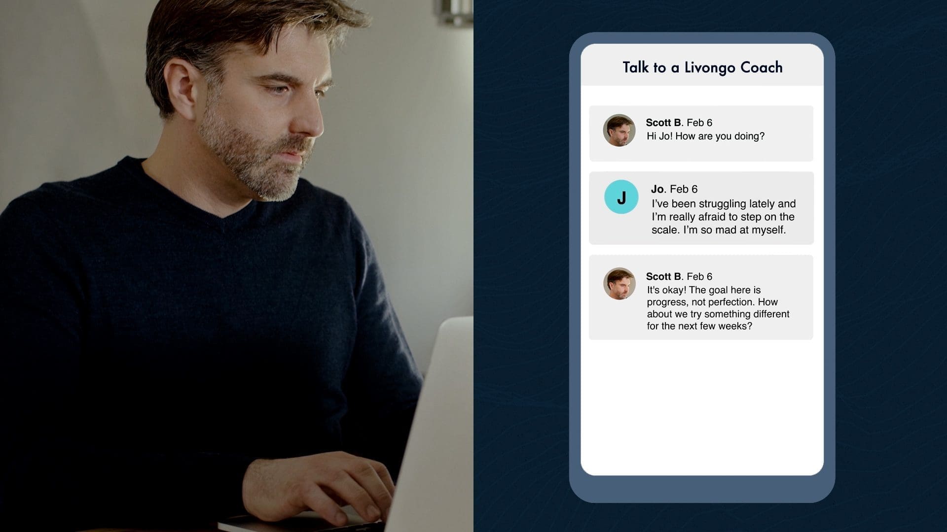 RIOT, NYC Creative Agency: A man using a laptop alongside a Livongo coaching chat interface, illustrating how AWS-powered AI helps patients manage chronic conditions through personalized support. A man using a laptop alongside a Livongo coaching chat interface, illustrating how AWS-powered AI helps patients manage chronic conditions through personalized support.