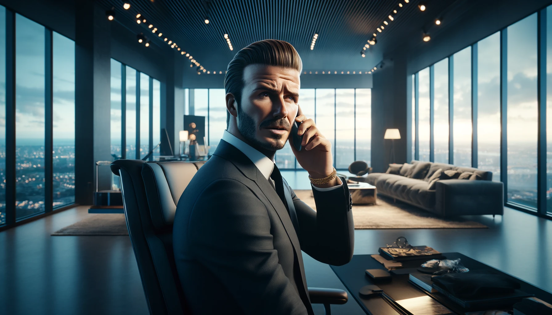 RIOT, NYC Creative Agency: David Beckham in modern penthouse office, talking on smartphone, looking surprised David Beckham in modern penthouse office, talking on smartphone, looking surprised