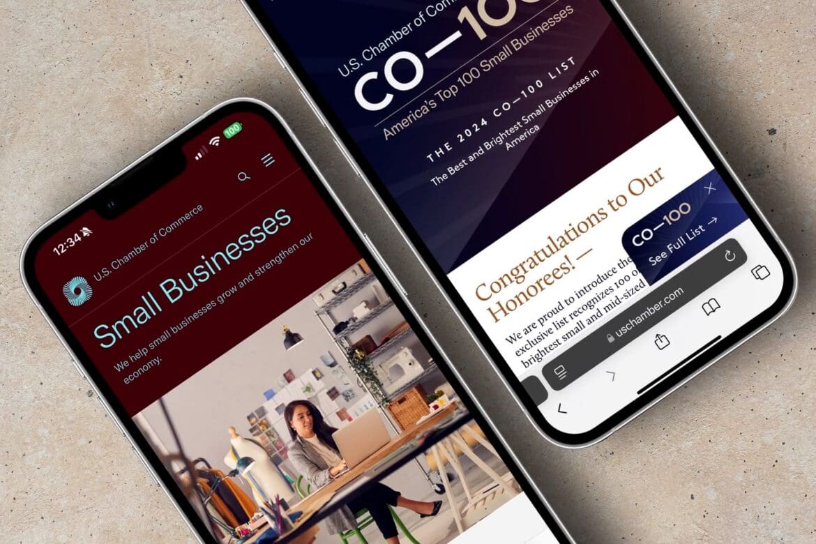 Two mobile phones displaying the U.S. Chamber of Commerce small business and CO—100 web pages