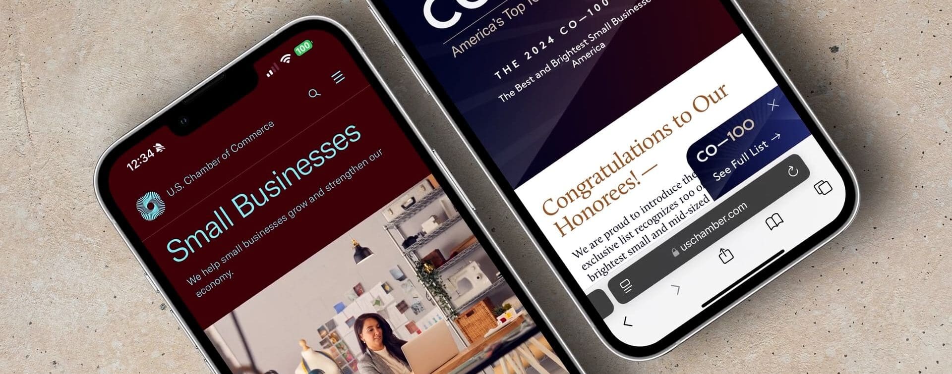 U.S. Chamber of Commerce: Legacy, Reimagined Two mobile phones displaying the U.S. Chamber of Commerce small business and CO—100 web pages