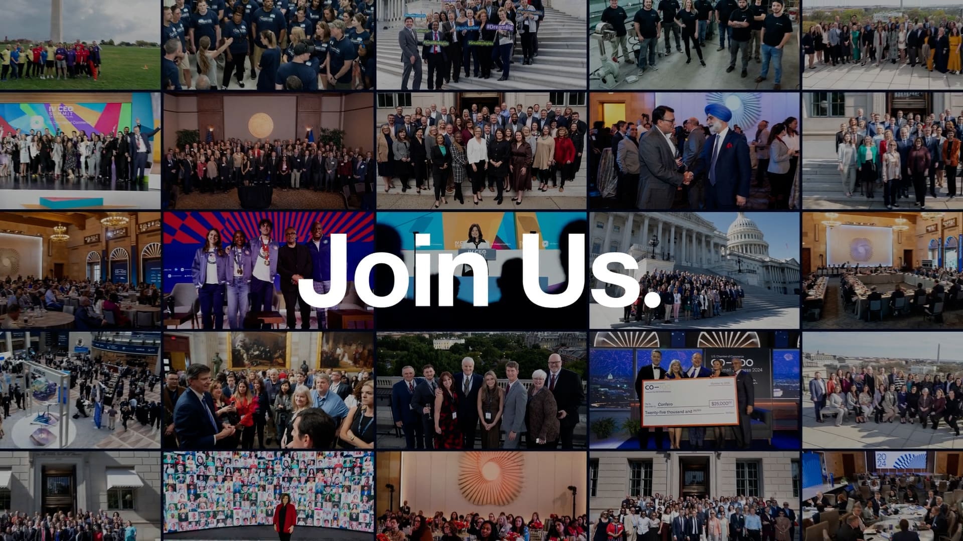 RIOT, NYC Creative Agency: A collage of diverse Chamber of Commerce events and members with the bold words "Join Us." overlayed in the center A collage of diverse Chamber of Commerce events and members with the bold words "Join Us." overlayed in the center