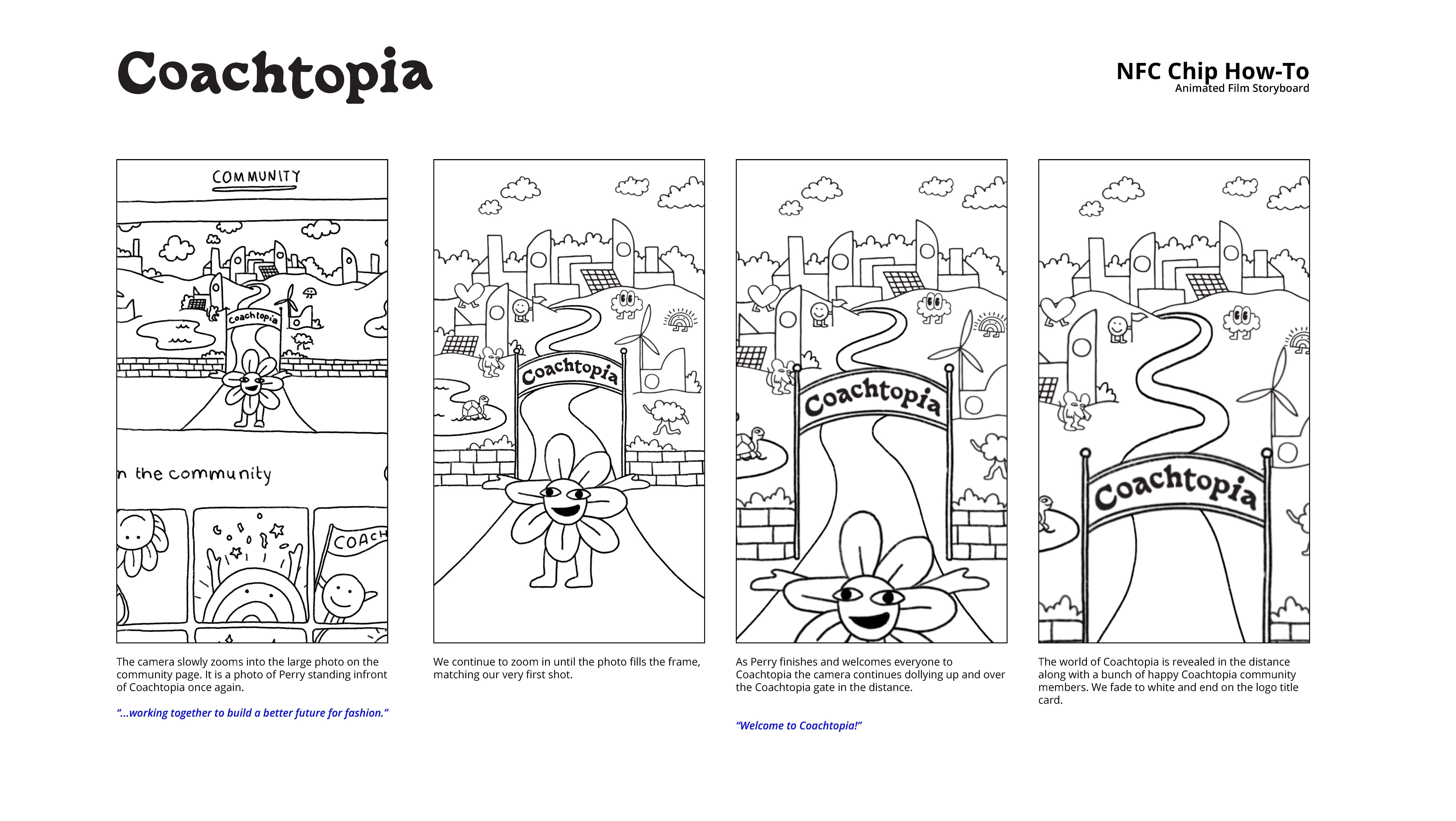 Coachtopia animated film storyboard showing Perry welcoming viewers and revealing the Coachtopia world.