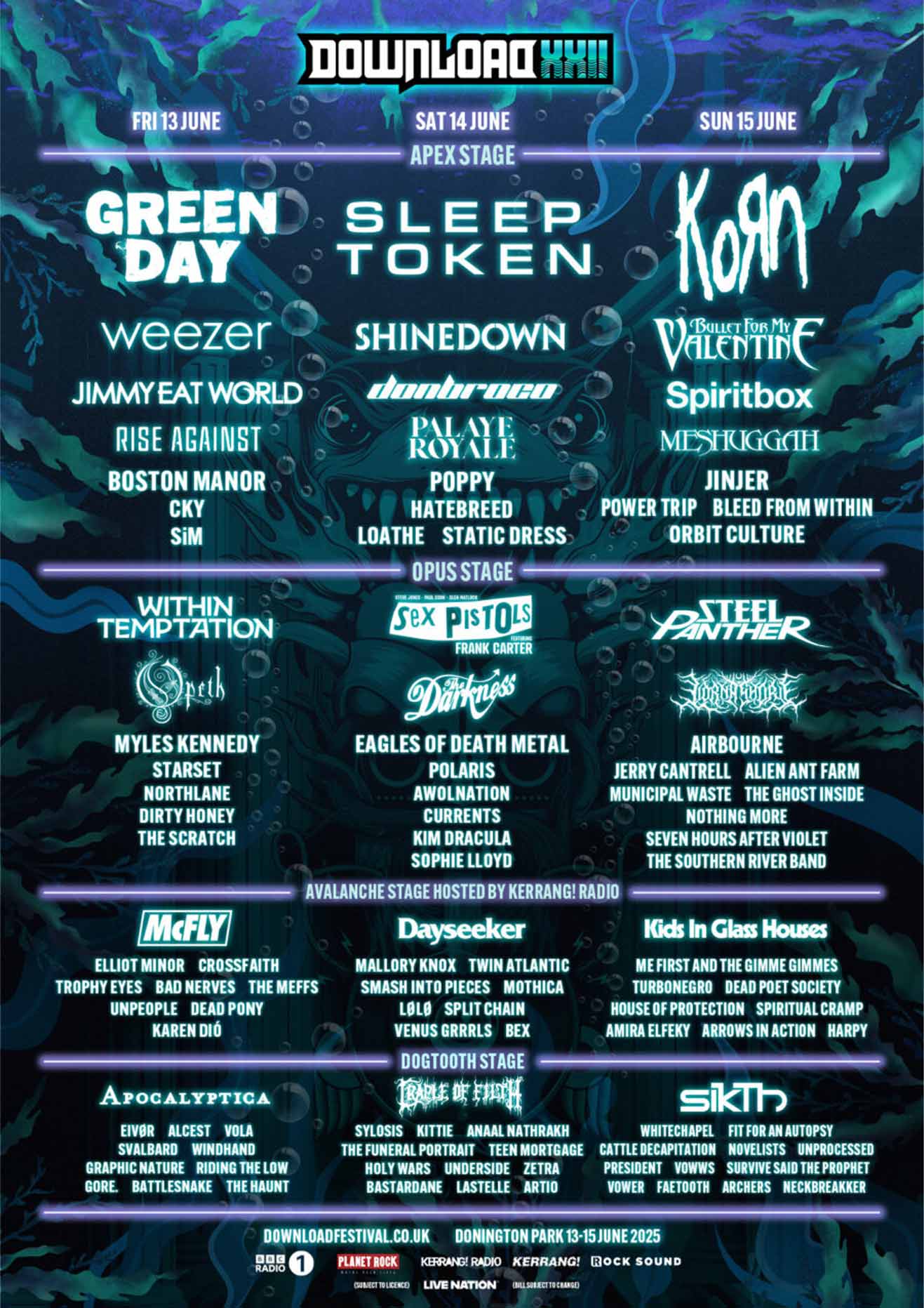 RIOT, NYC Creative Agency: Download Festival 2025 lineup poster with headliners Green Day, Sleep Token, and Korn. President is listed under the Dogtooth Stage on Sunday, June 15, alongside bands like Whitechapel, Fit For An Autopsy, and Nekrogoblikon. Download Festival 2025 lineup poster with headliners Green Day, Sleep Token, and Korn. President is listed under the Dogtooth Stage on Sunday, June 15, alongside bands like Whitechapel, Fit For An Autopsy, and Nekrogoblikon.