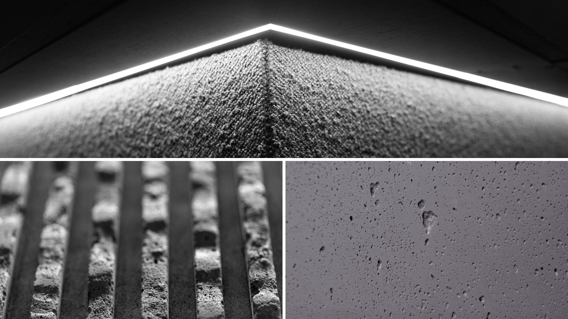 Close-up views of various textured surfaces: a sharp corner with illuminated edge, ribbed concrete, and a pitted surface, all in black and white