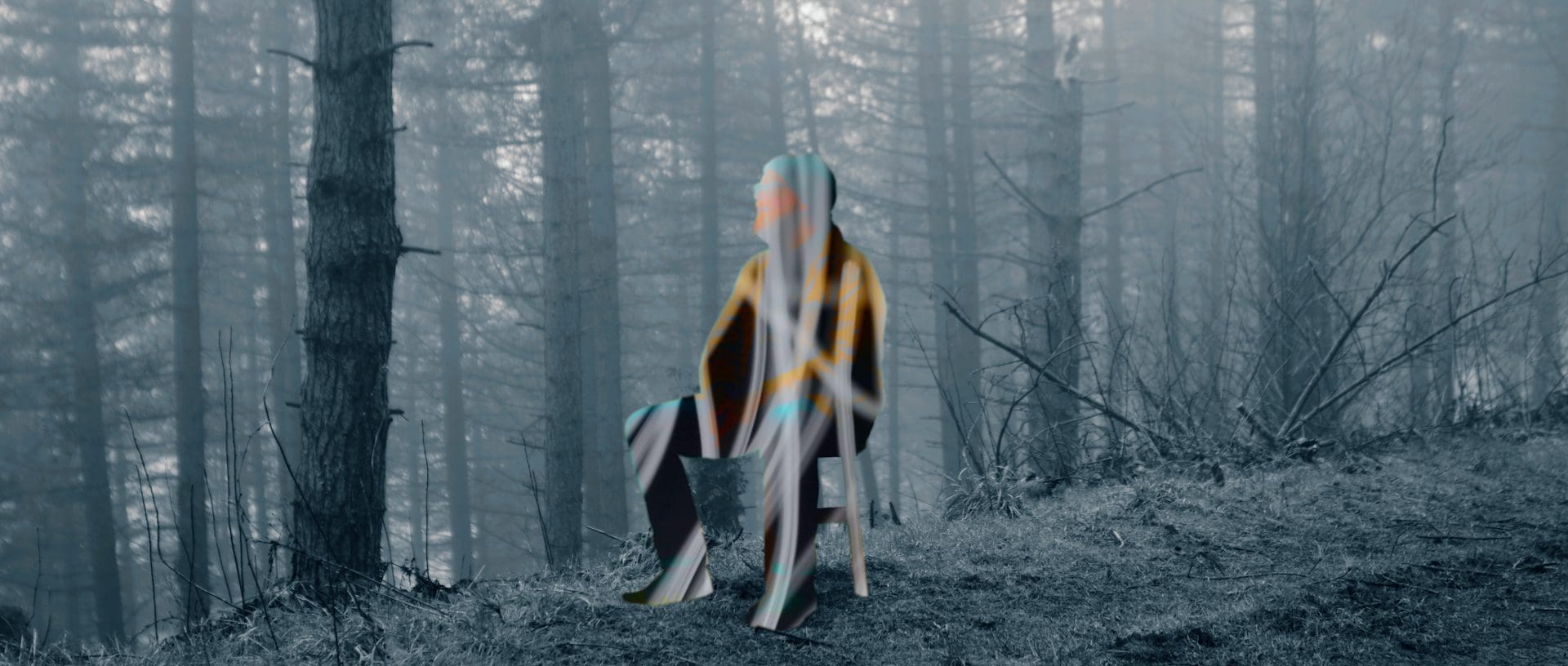 A surreal, digitally manipulated figure in a foggy forest, taken from John Smith’s 