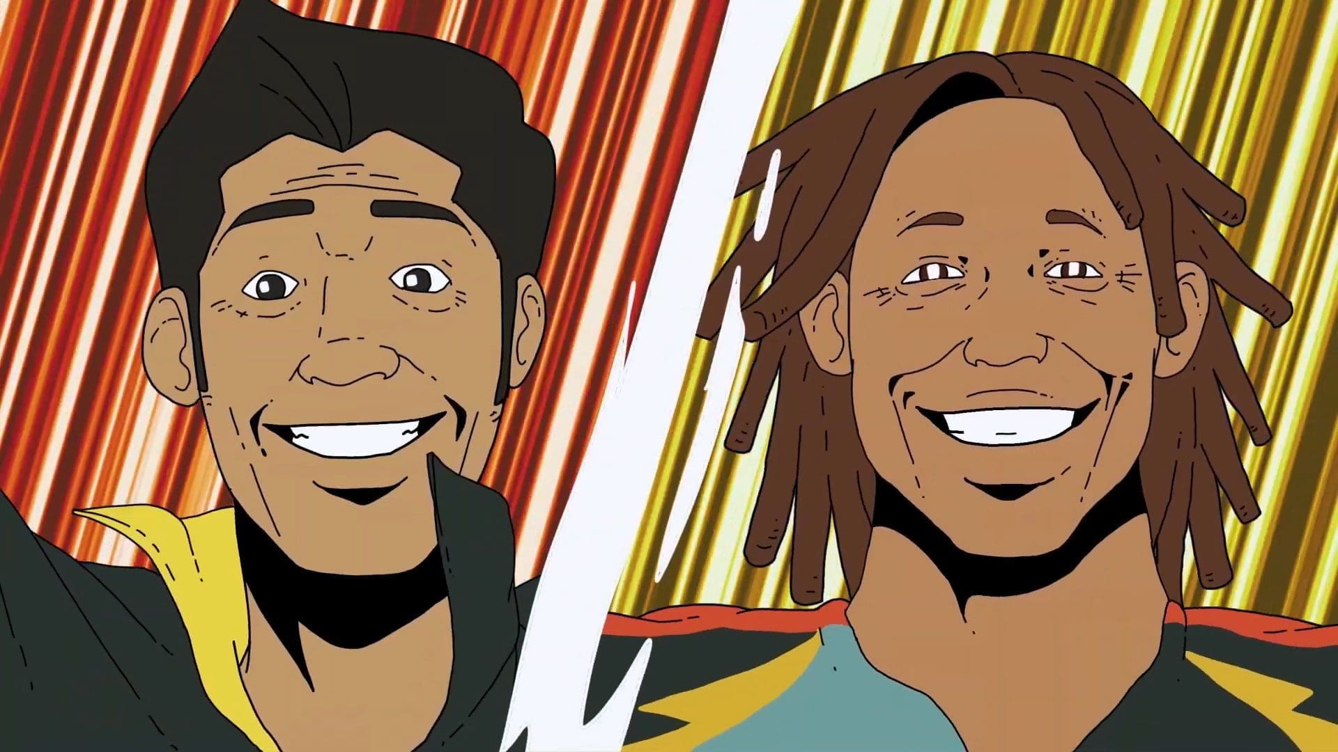 RIOT, NYC Creative Agency: Animated illustration of two smiling LA Galaxy legends with stylized comic book backgrounds Animated illustration of two smiling LA Galaxy legends with stylized comic book backgrounds