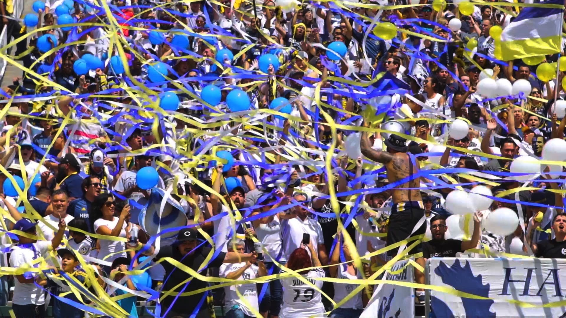 RIOT, NYC Creative Agency: LA Galaxy fans celebrating with streamers, balloons, and flags in the stands LA Galaxy fans celebrating with streamers, balloons, and flags in the stands