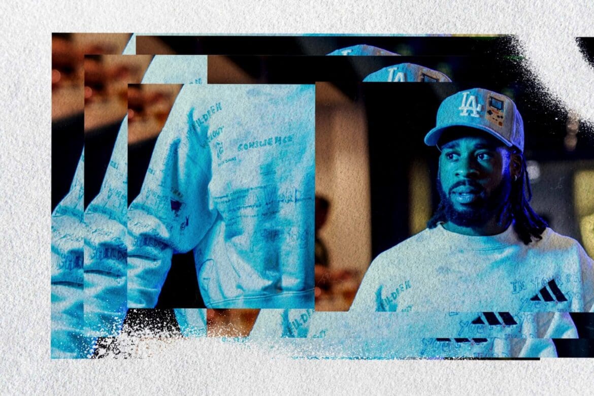 Dynamic visual of Raheem Edwards encapsulating the LA Galaxy and Omega collaboration, symbolizing a high-impact fusion of sports and luxury.