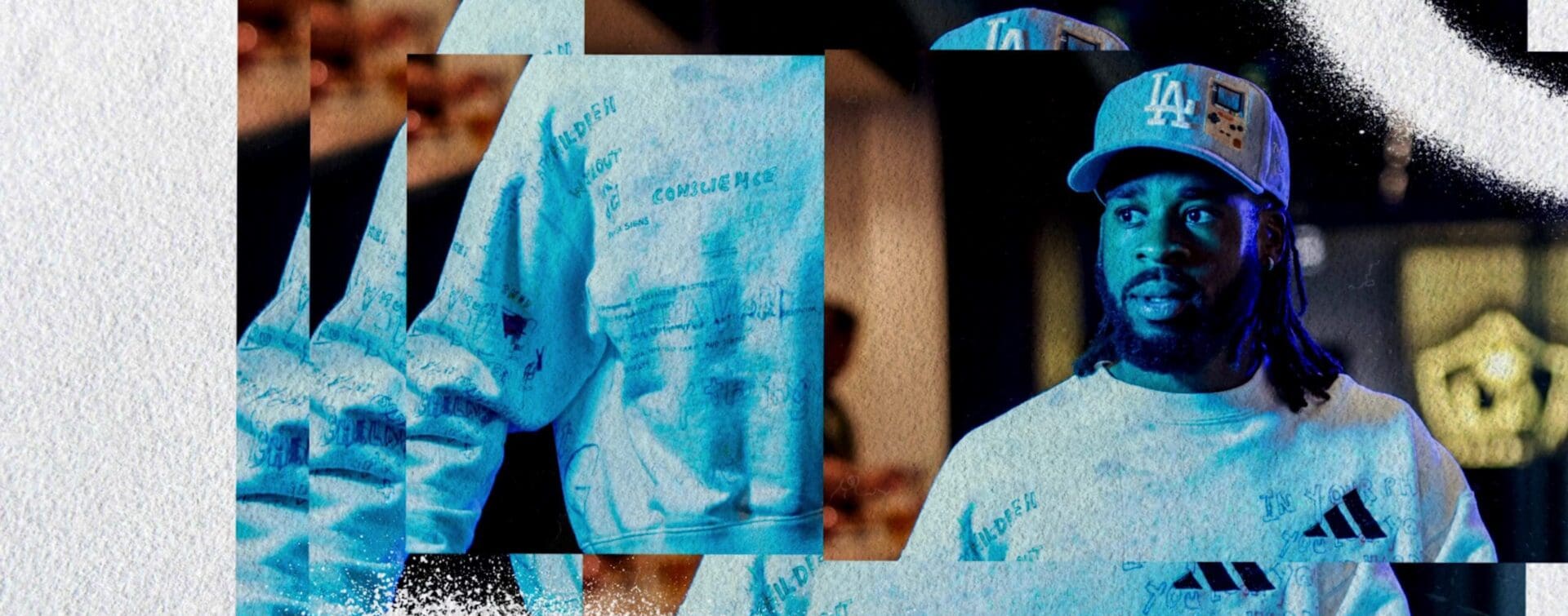 Dynamic visual of Raheem Edwards encapsulating the LA Galaxy and Omega collaboration, symbolizing a high-impact fusion of sports and luxury.