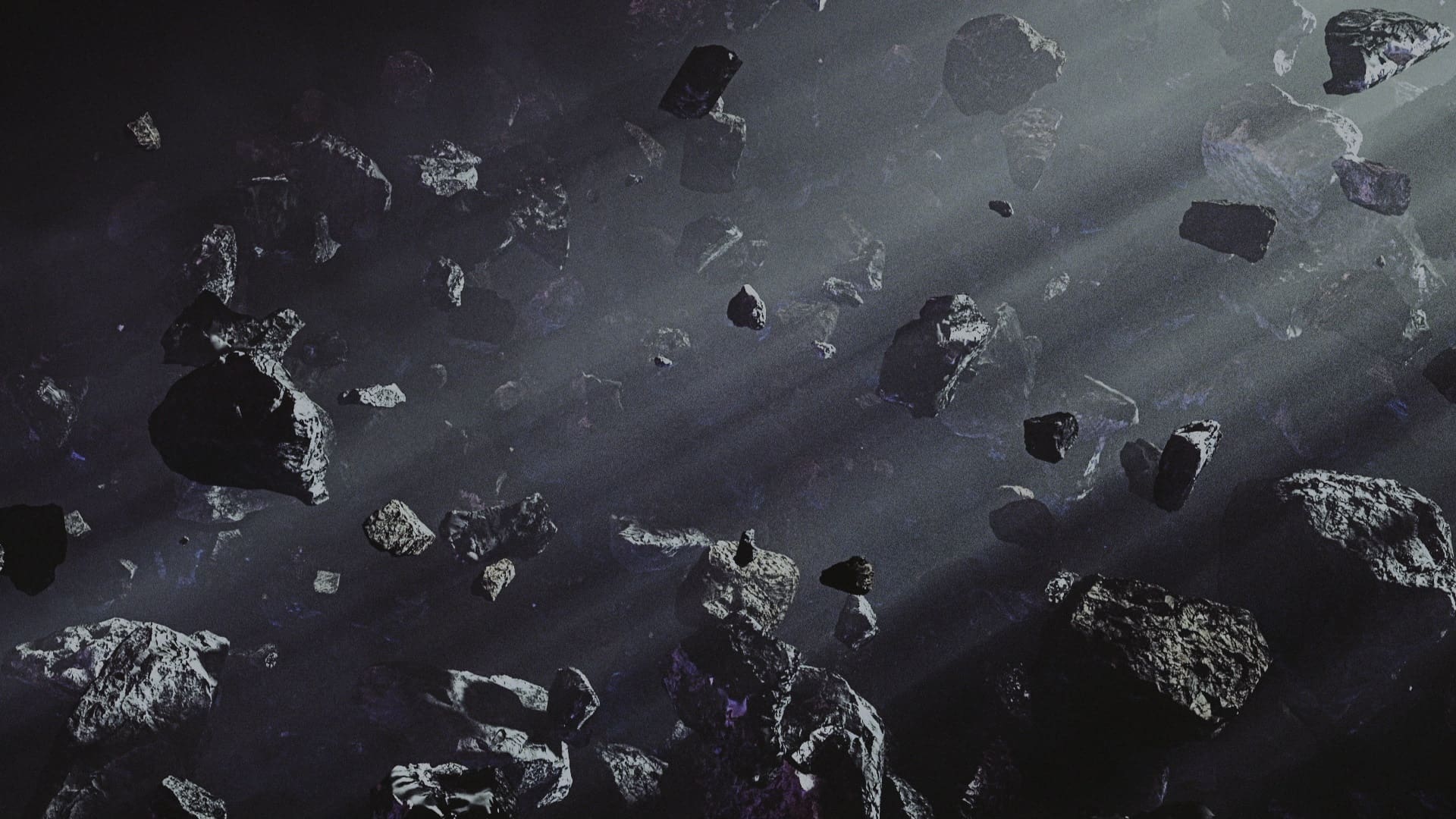 RIOT, NYC Creative Agency: A dramatic image of asteroids in space, featuring dark tones with scattered rocks illuminated by beams of light, used in the LA Galaxy DJ Alesso teaser film. A dramatic image of asteroids in space, featuring dark tones with scattered rocks illuminated by beams of light, used in the LA Galaxy DJ Alesso teaser film.