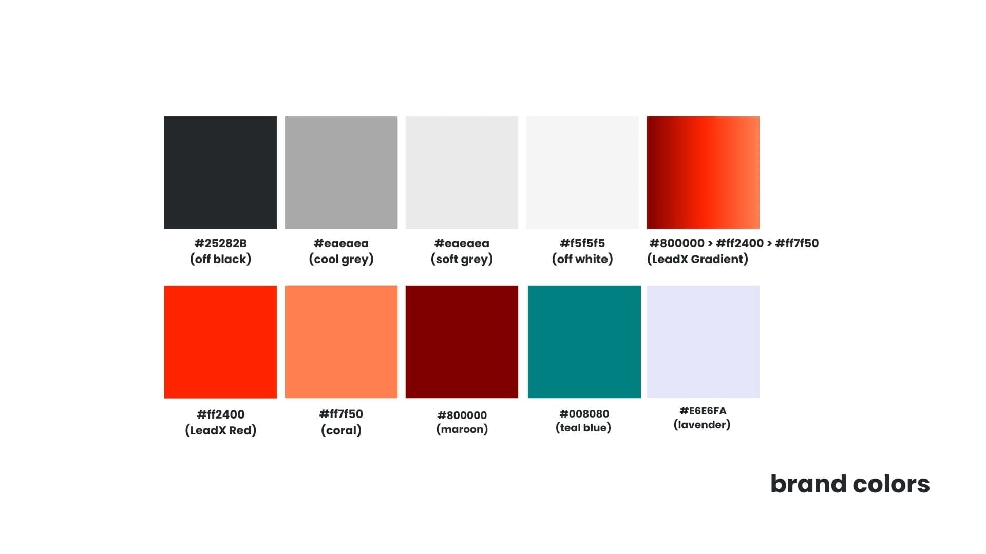 LEADX rebrand color palette featuring gradients, off-black, cool grey, teal, and coral tones