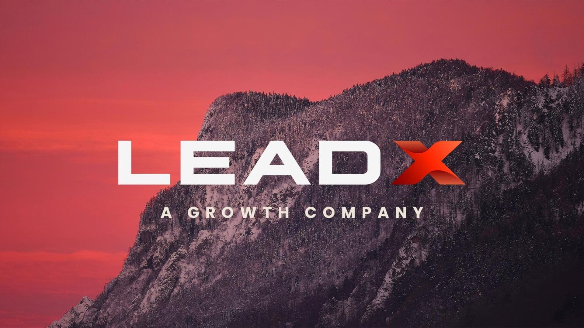 LEADX logo featured against a bold red mountain backdrop with the slogan 