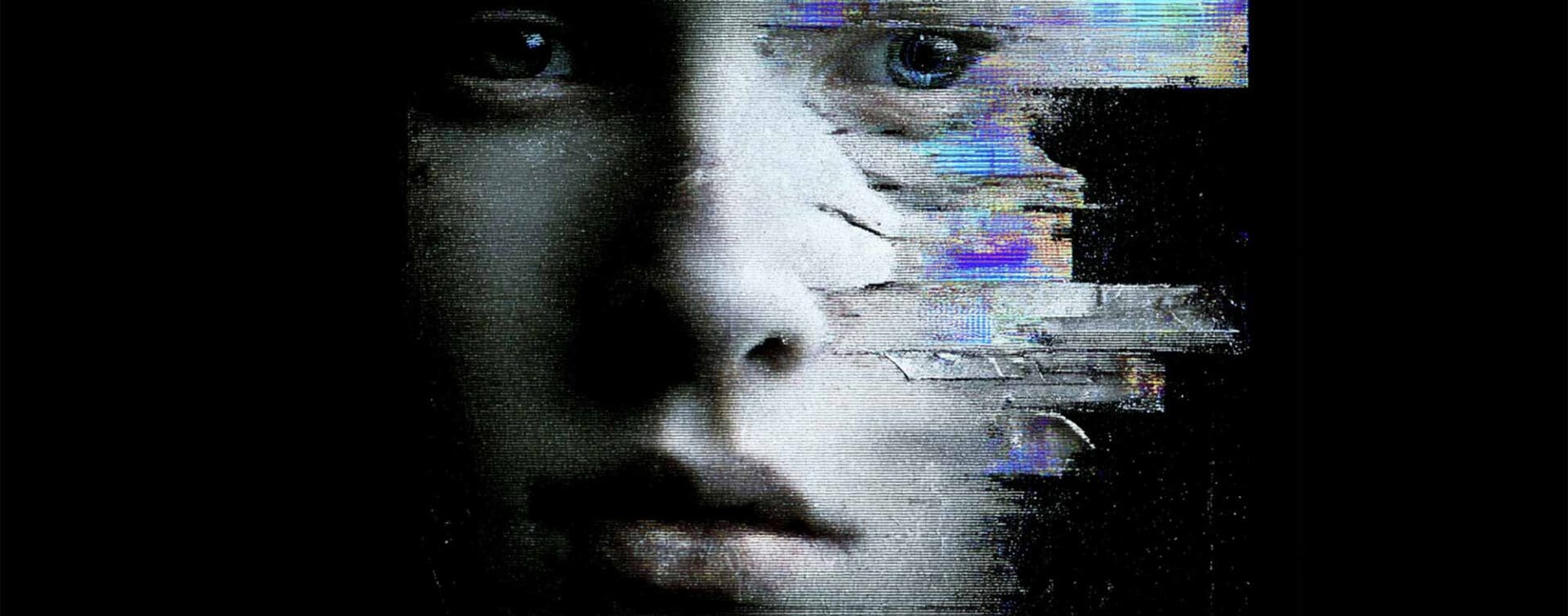 Glitched portrait of a human face dissolving into static and digital fragments
