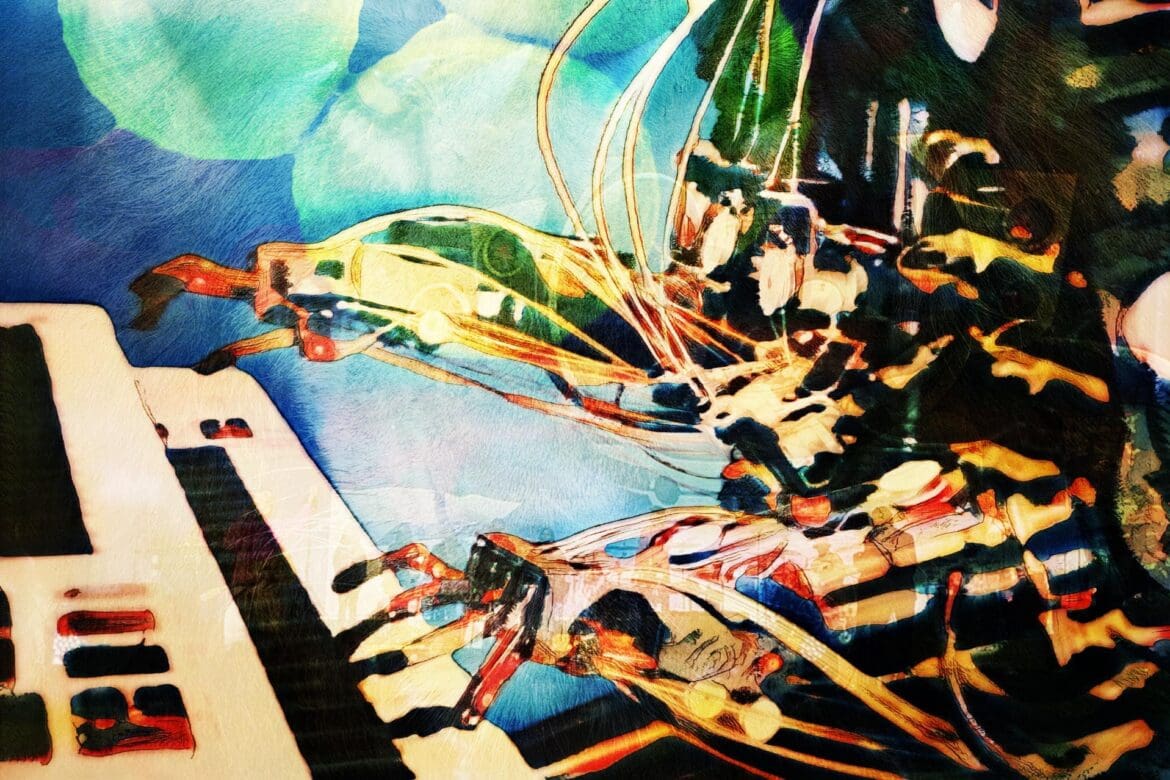 Abstract digital artwork inspired by Damon Albarn's song "Lonely Press Play," featuring a robotic hand playing a keyboard against a dreamy blue-green background, with colorful wires connecting the mechanical parts.