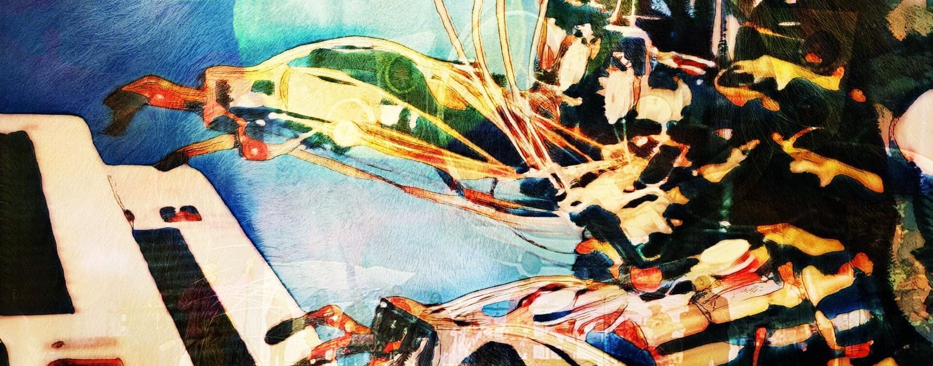 Abstract digital artwork inspired by Damon Albarn's song "Lonely Press Play," featuring a robotic hand playing a keyboard against a dreamy blue-green background, with colorful wires connecting the mechanical parts.