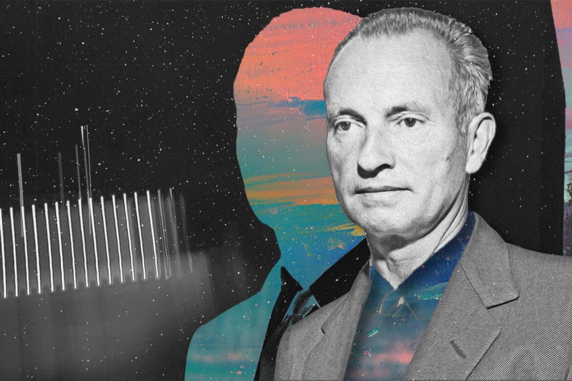 Artistic portrait of Jean Schlumberger with abstract space background, designed as cover art for an article on his jewelry legacy.