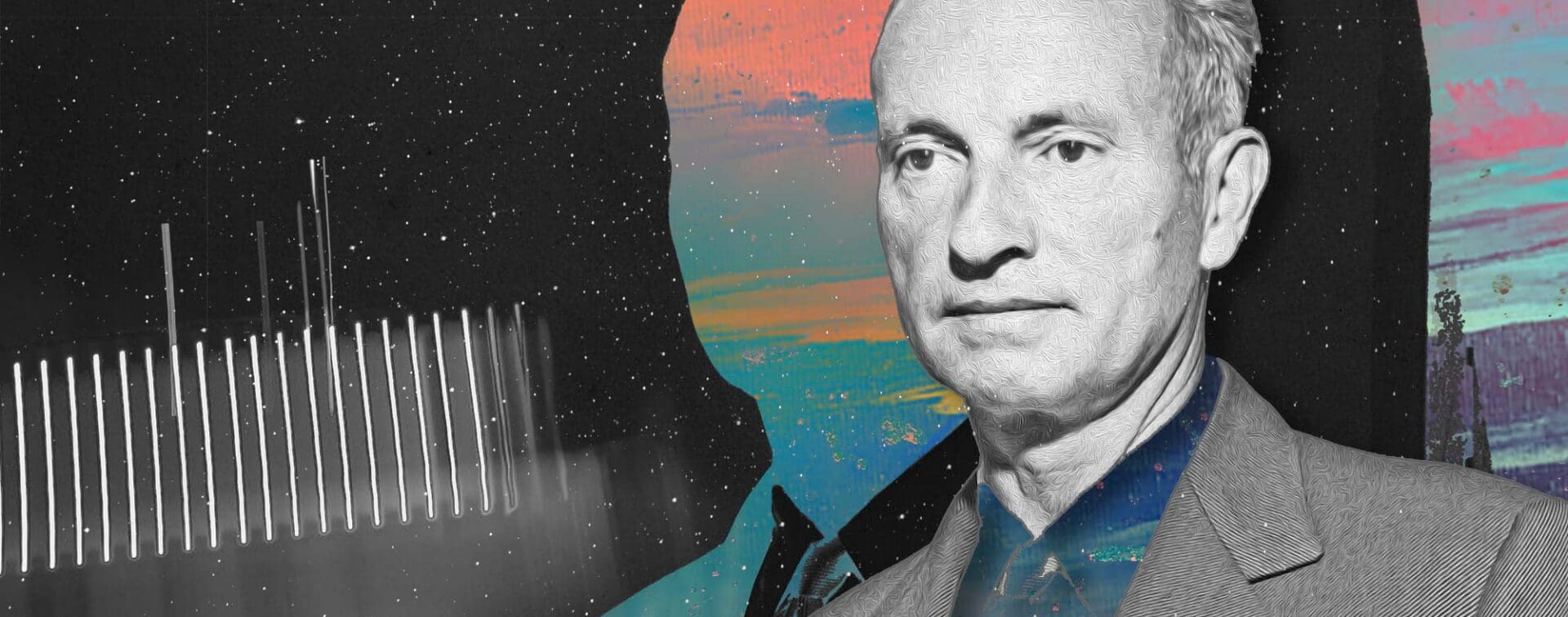 Artistic portrait of Jean Schlumberger with abstract space background, designed as cover art for an article on his jewelry legacy.