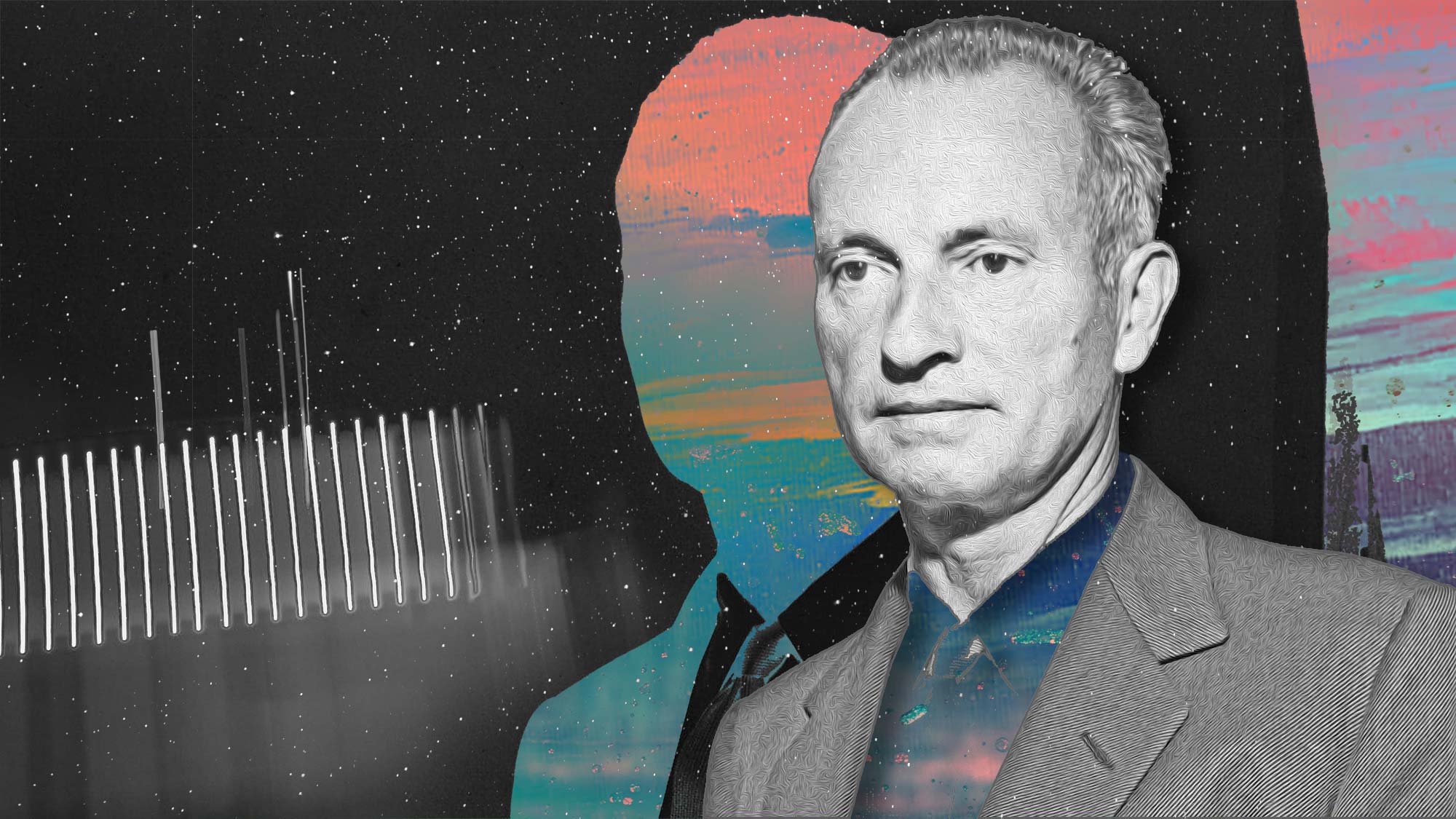 RIOT, NYC Creative Agency: Artistic portrait of Jean Schlumberger with abstract space background, designed as cover art for an article on his jewelry legacy. Artistic portrait of Jean Schlumberger with abstract space background, designed as cover art for an article on his jewelry legacy.