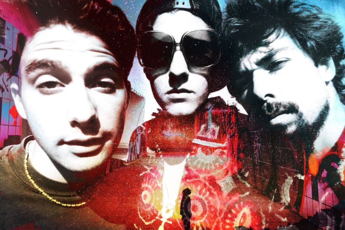 Creative artwork of the Beastie Boys inspired by Ill Communication, blending graffiti, cosmic elements, and 90s visual energy by MUG5.