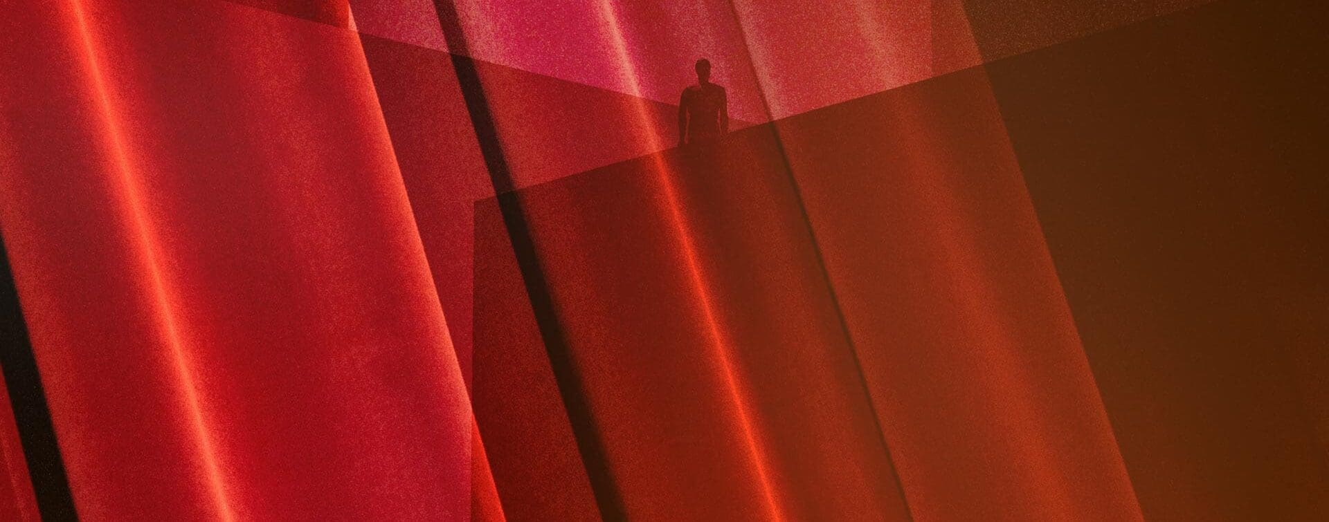 Surreal artwork inspired by David Lynch, featuring a silhouetted figure amidst layered red curtains and geometric light patterns.