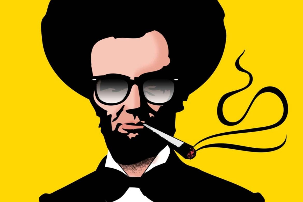 Pop art-style Abraham Lincoln with an afro, sunglasses, and a lit joint on yellow background