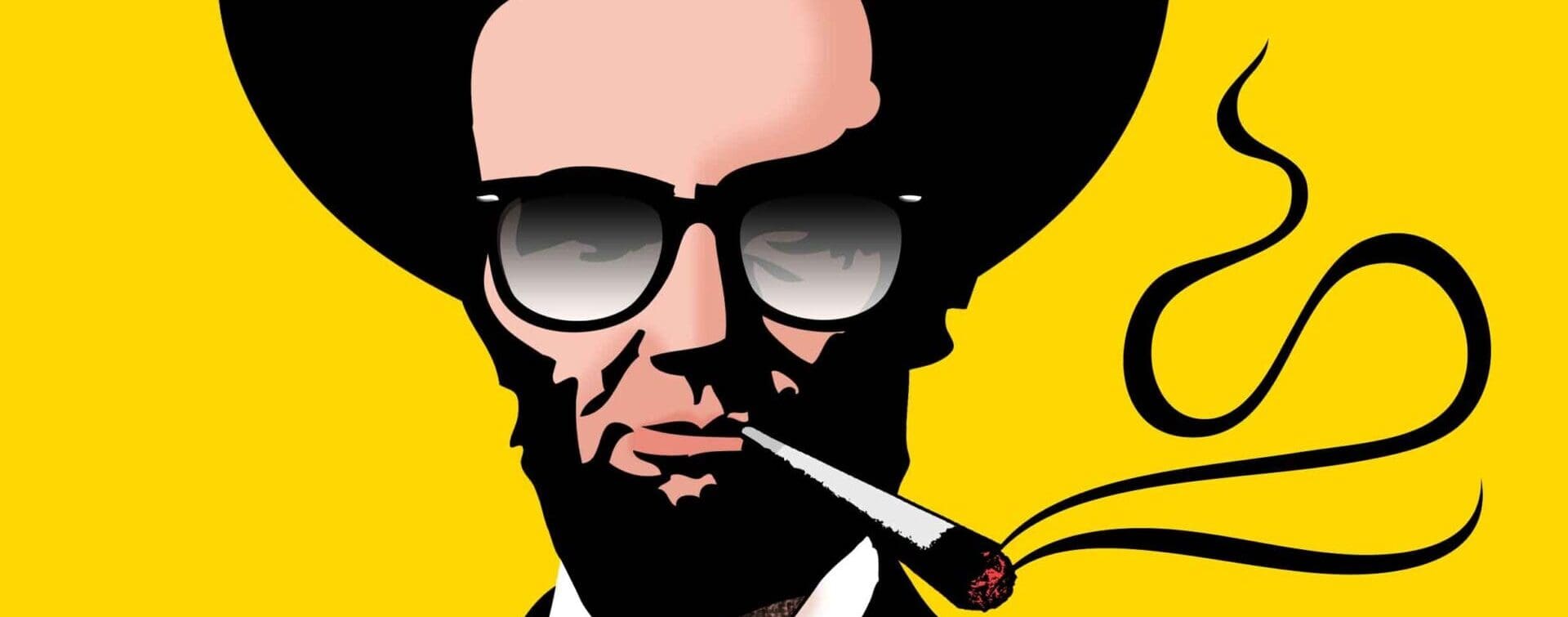 Pop art-style Abraham Lincoln with an afro, sunglasses, and a lit joint on yellow background