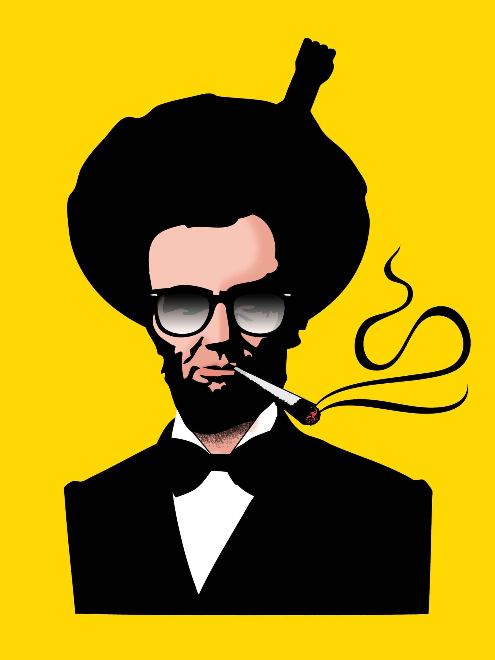 RIOT, NYC Creative Agency: Pop art-style Abraham Lincoln with an afro, sunglasses, and a lit joint on yellow background Pop art-style Abraham Lincoln with an afro, sunglasses, and a lit joint on yellow background
