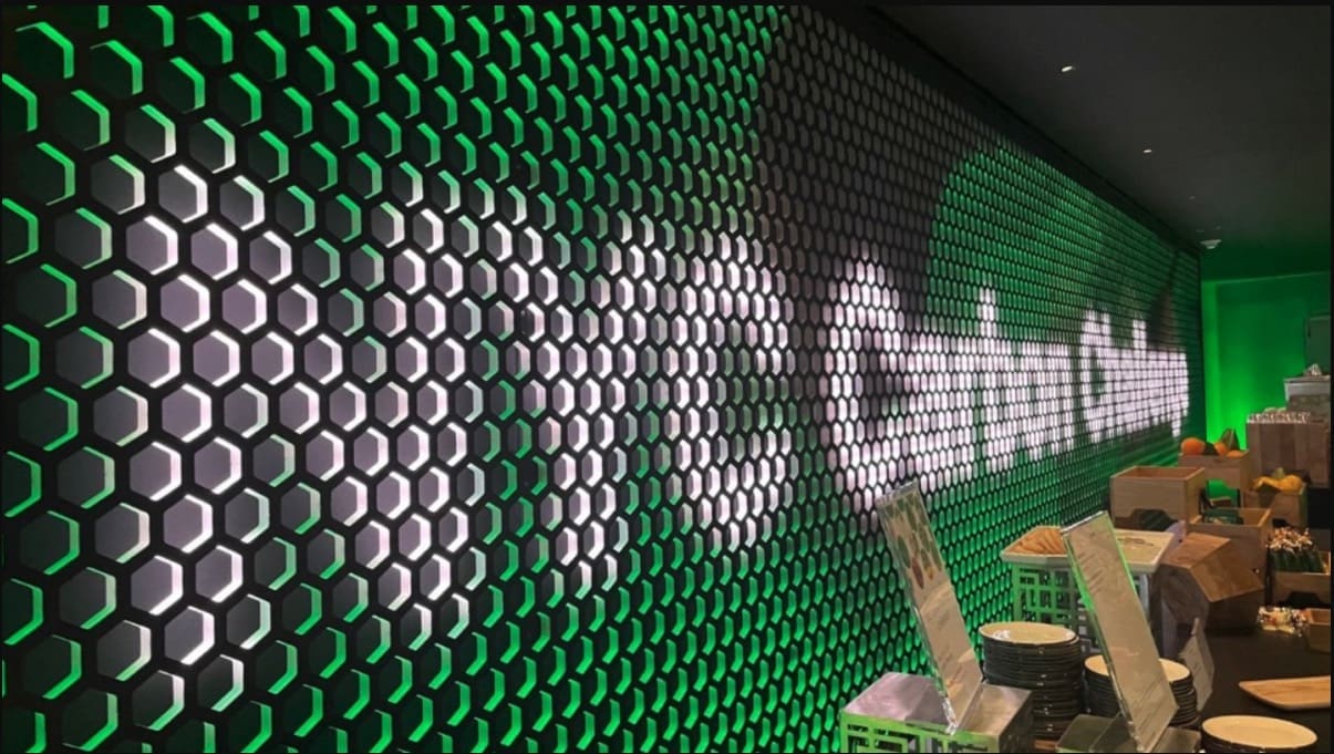 RIOT, NYC Creative Agency: NYC Carbon Challenge sign illuminated in a honeycomb LED wall display. NYC Carbon Challenge sign illuminated in a honeycomb LED wall display.