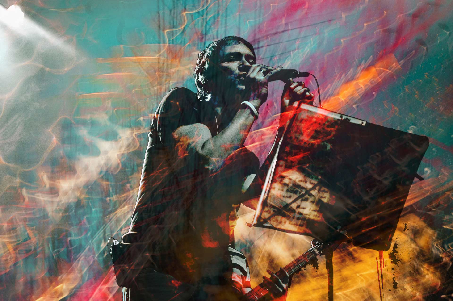 RIOT, NYC Creative Agency: Artistic composite of Ocean Colour Scene live performance featuring vibrant abstract textures. Artistic composite of Ocean Colour Scene live performance featuring vibrant abstract textures.