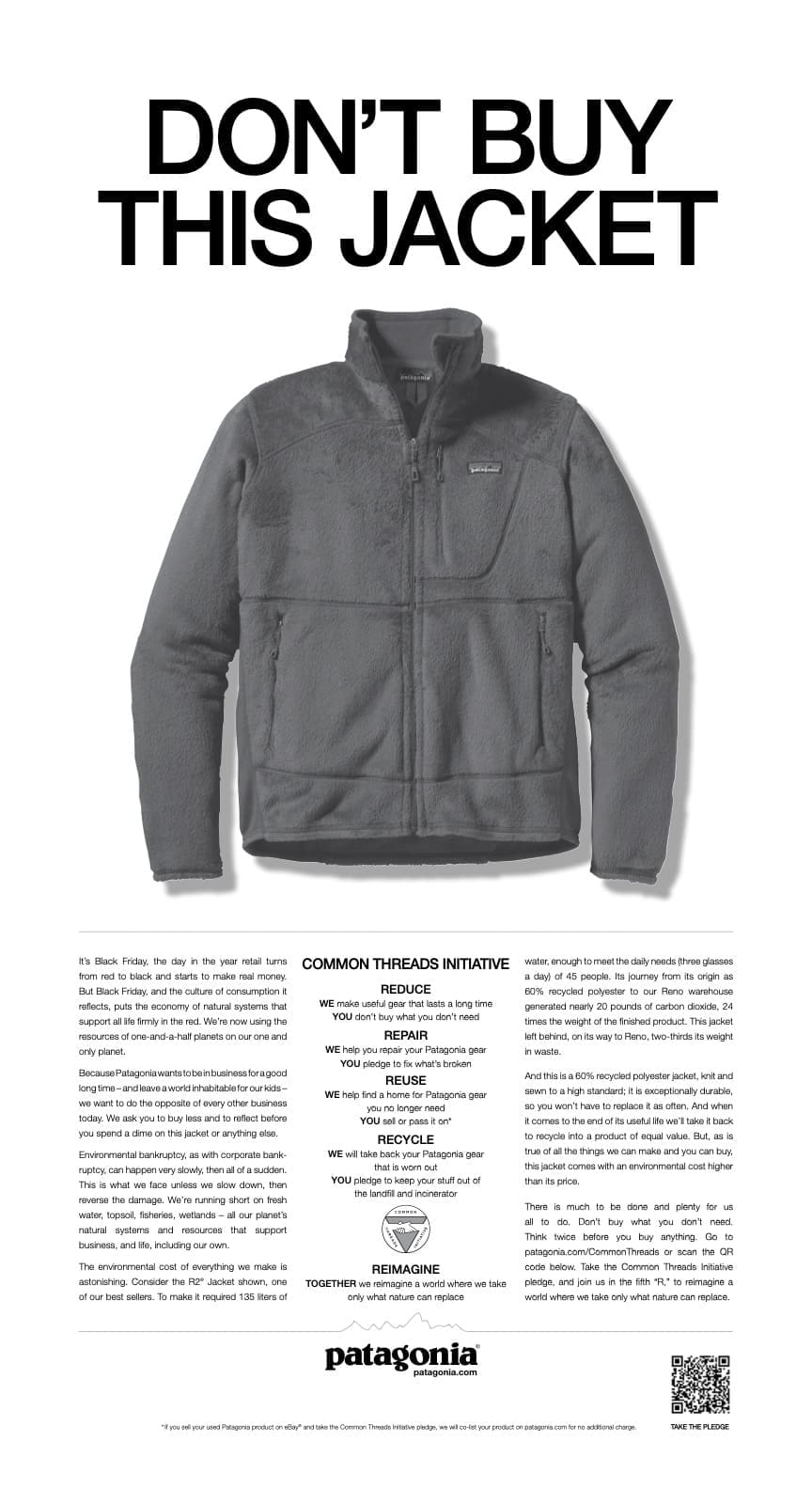 RIOT, NYC Creative Agency: Patagonia advertisement showing a fleece jacket with bold text reading “Don’t Buy This Jacket,” promoting sustainability through reduced consumption. Patagonia advertisement showing a fleece jacket with bold text reading “Don’t Buy This Jacket,” promoting sustainability through reduced consumption.