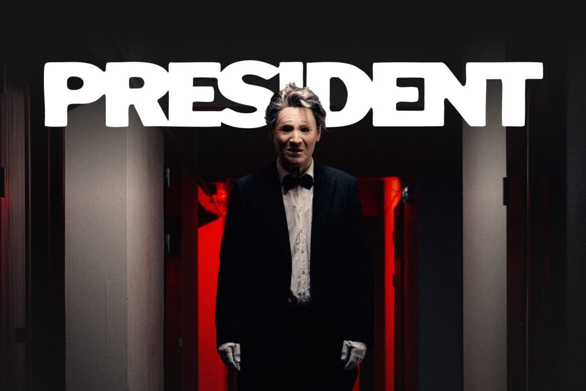 Promotional image of masked band President. A figure in a tuxedo with white gloves stands in a dimly lit hallway with red lighting behind them, beneath the bold PRESIDENT logo.