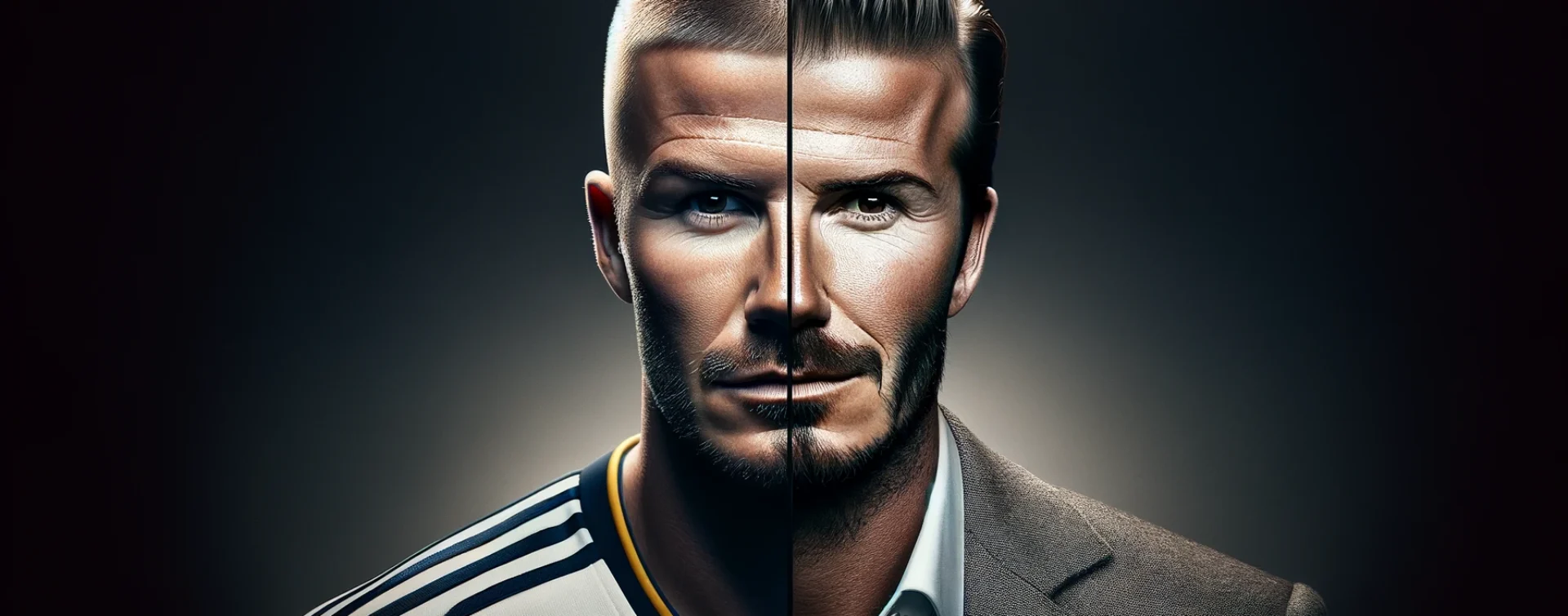 Split-Screen Image of David Beckham: Then and Now David Beckham split-screen image from LA Galaxy signing era to present-day