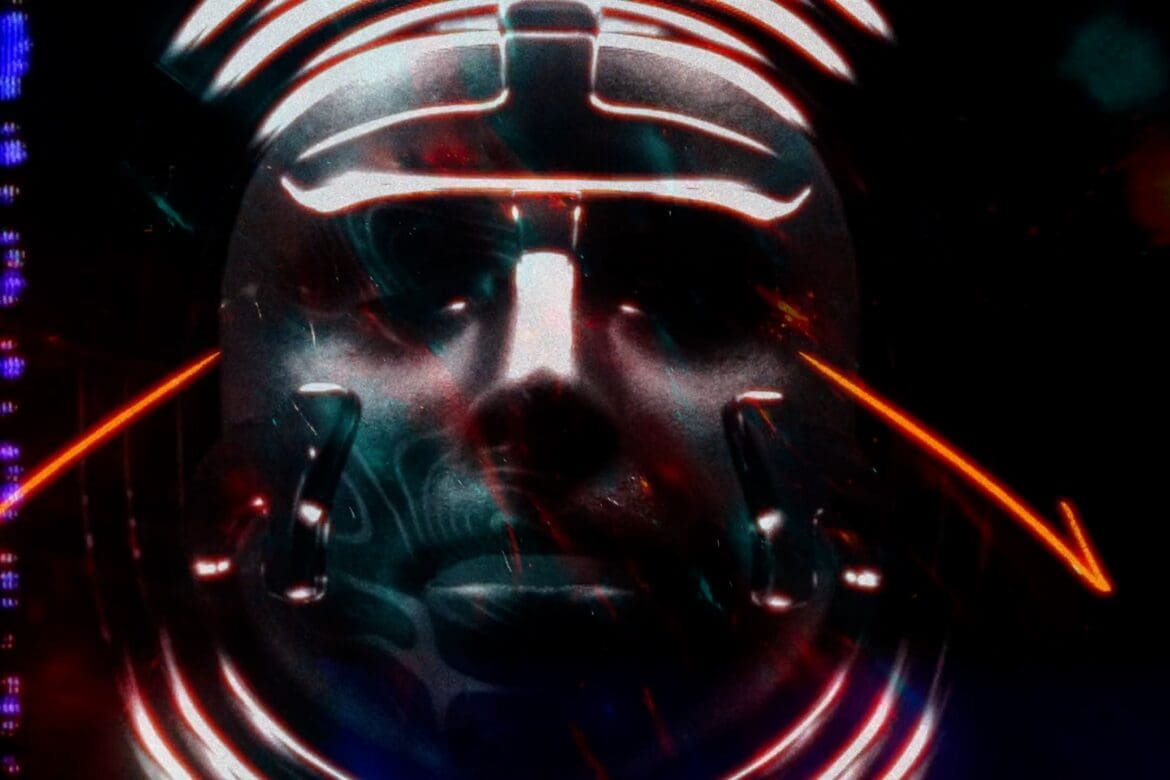 Close-up of an astronaut's face with neon lights