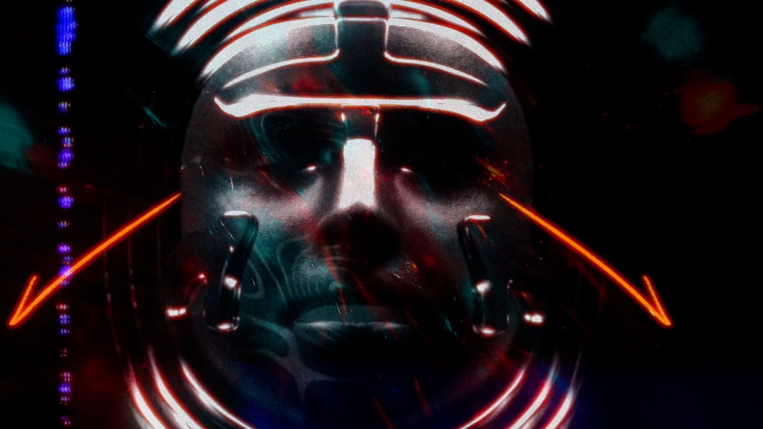 RIOT, NYC Creative Agency: Close-up of an astronaut's face with neon lights Close-up of an astronaut's face with neon lights