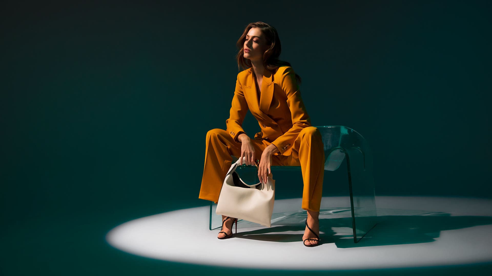 Neiman Marcus Mustard Power Suit - Sitting On Ghost Chair by Fiam Italia