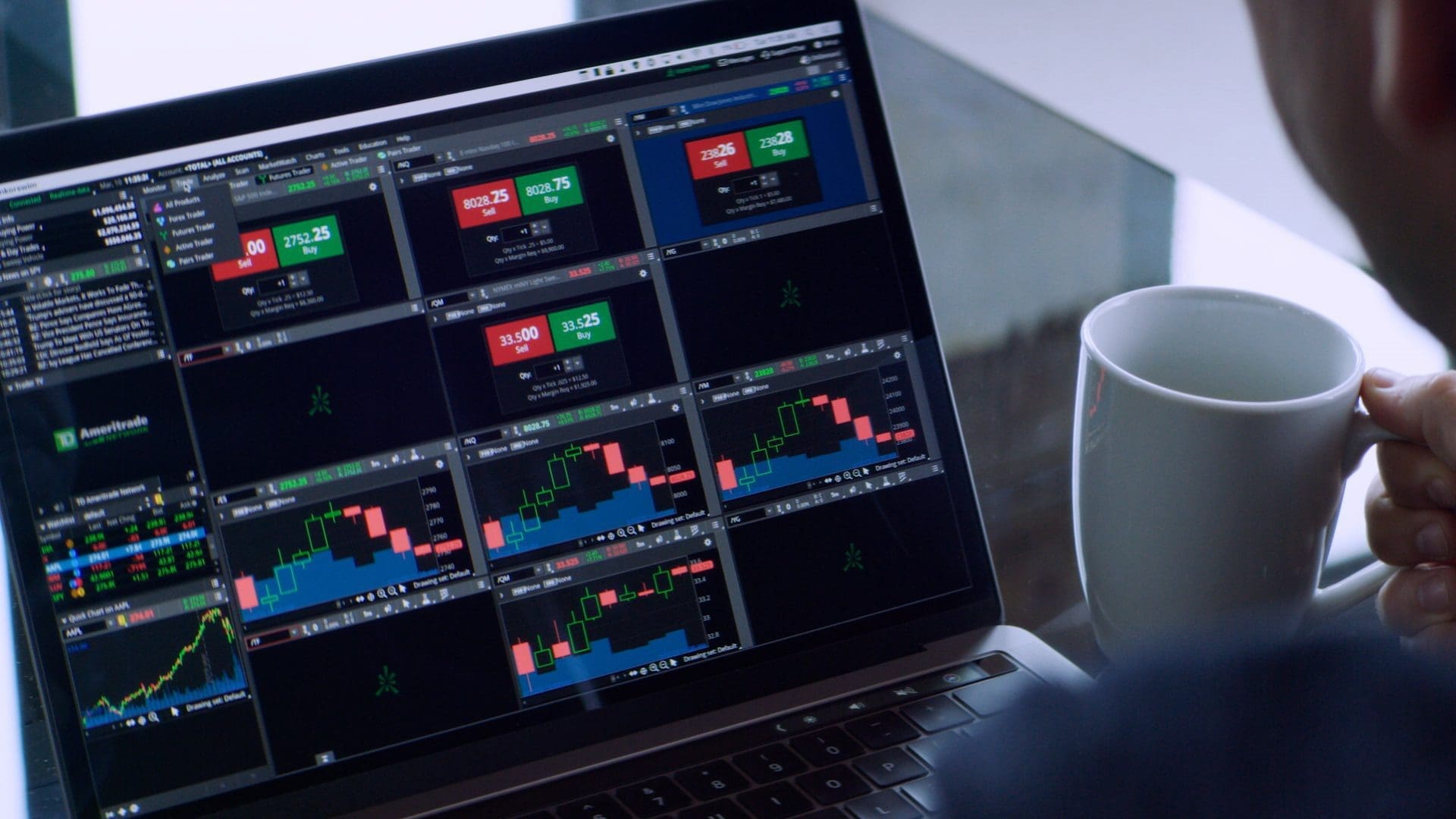A trader monitors futures contracts on a TD Ameritrade trading platform while holding a coffee mug, symbolizing active market participation.