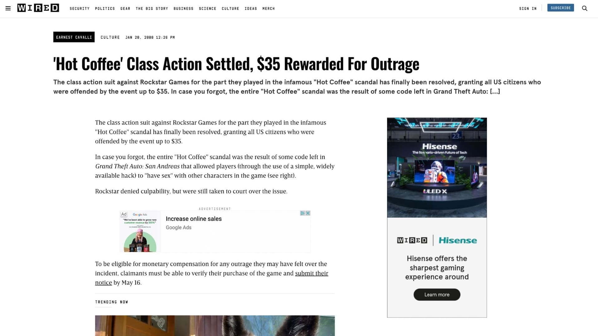 RIOT, NYC Creative Agency: 'Hot Coffee' Class Action Settled, $35 Rewarded For Outrage articles screenshot 'Hot Coffee' Class Action Settled, $35 Rewarded For Outrage articles screenshot