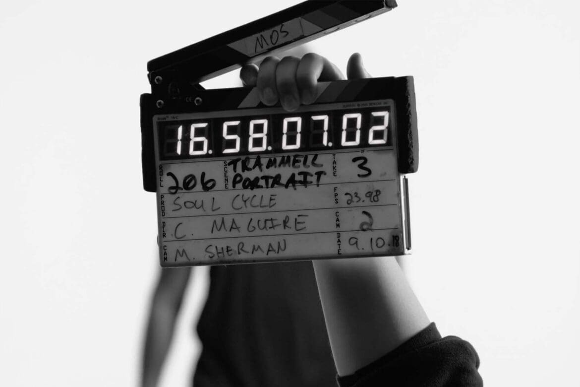 Clapperboard on the set of Trammell’s SoulCycle docufilm with director Chris “MUG5” Maguire’s name visible