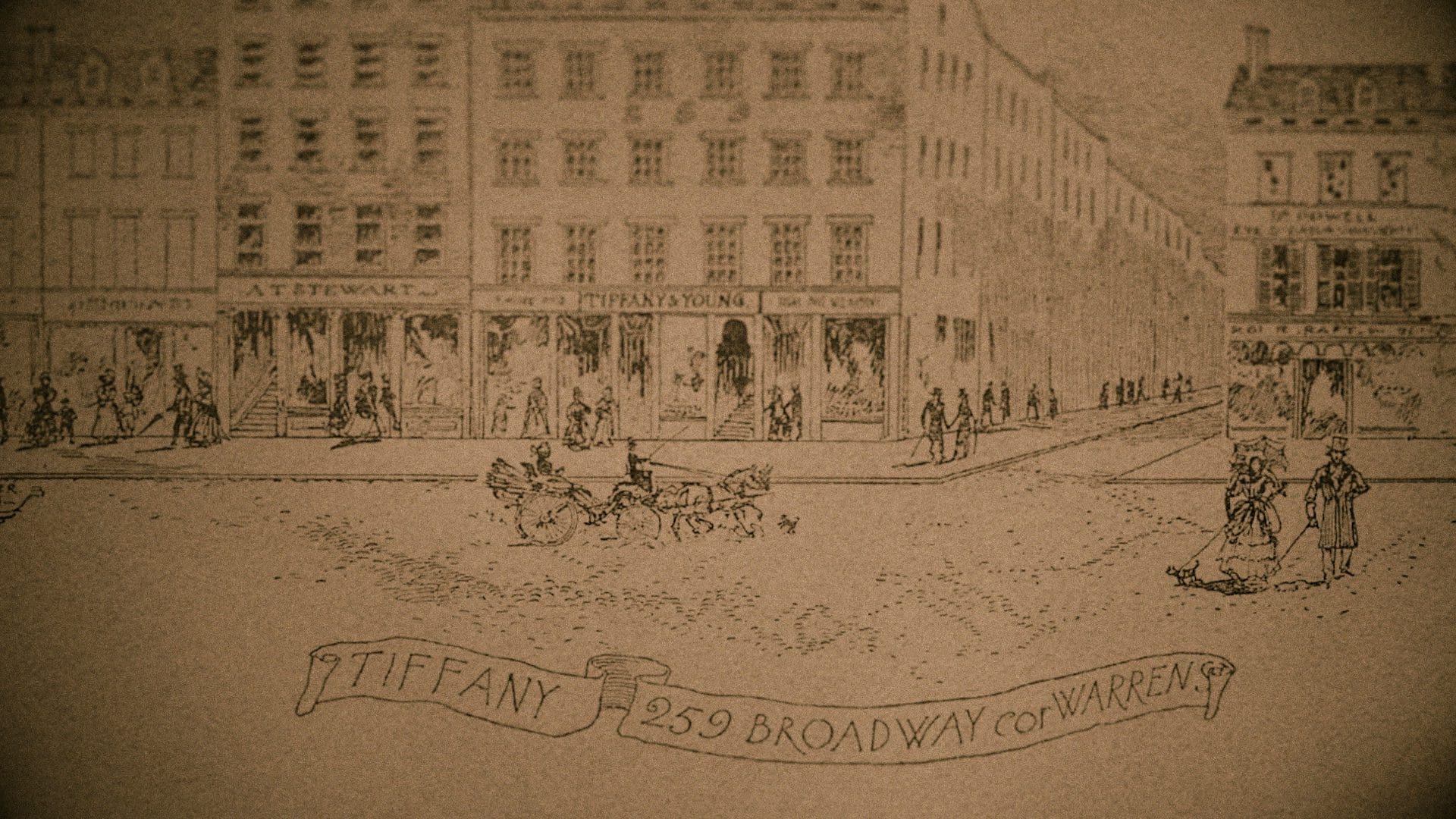 RIOT, NYC Creative Agency: Vintage illustration of the original Tiffany & Co. storefront at 259 Broadway, corner of Warren, bustling with activity and horse-drawn carriages from the 19th century. Vintage illustration of the original Tiffany & Co. storefront at 259 Broadway, corner of Warren, bustling with activity and horse-drawn carriages from the 19th century.