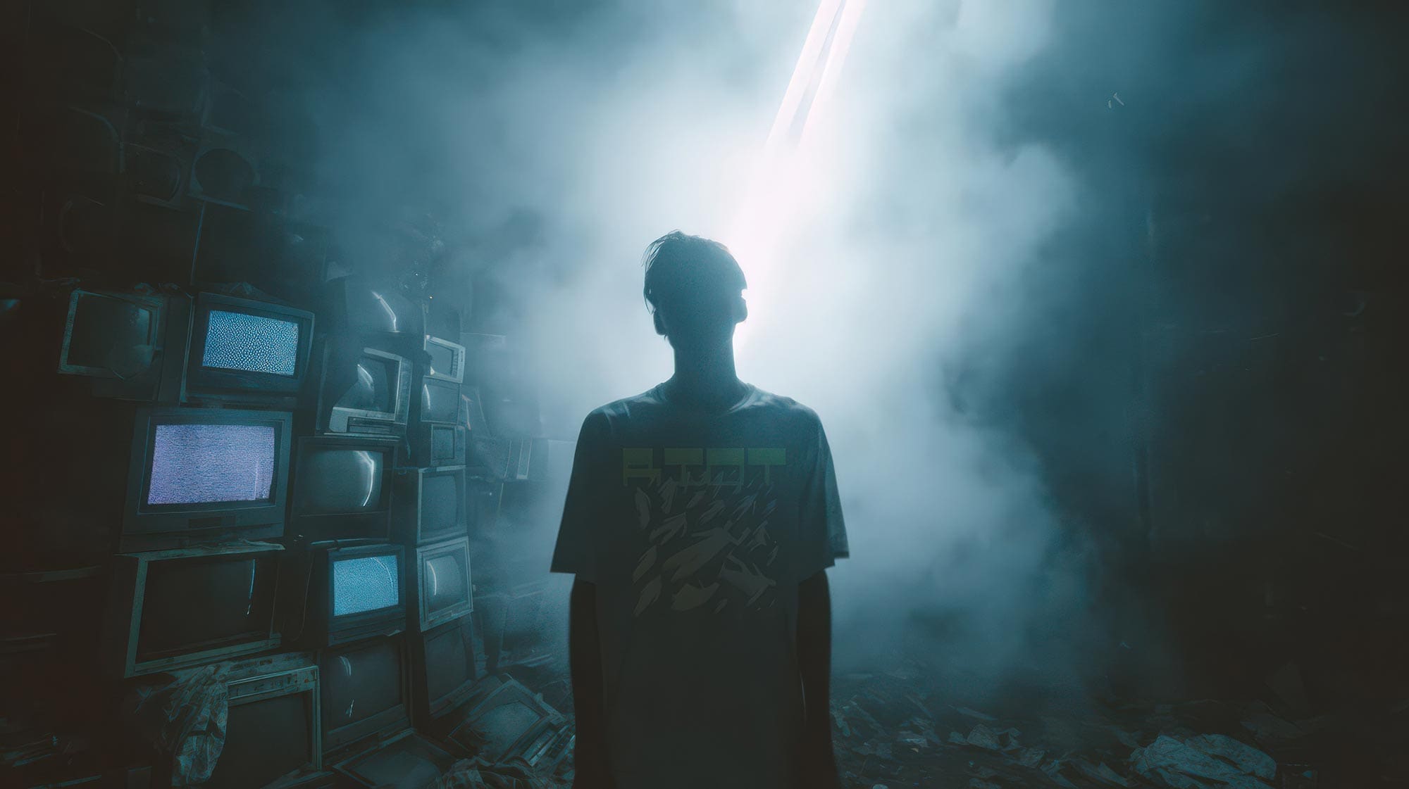 Silhouette of a model in RIOT tee standing in fog, lit by neon beam, with stacked CRT TVs glowing static.