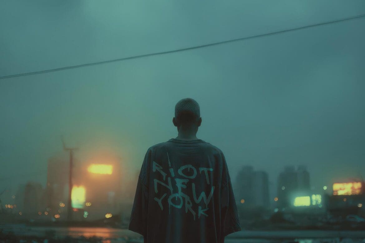 Person in oversized “RIOT NEW YORK” tee facing a rainy neon city at dusk