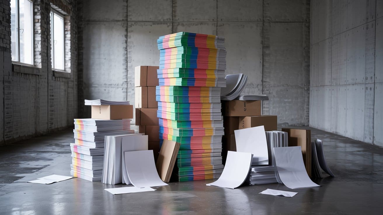 RIOT, NYC Creative Agency: A behind-the-scenes look at billboard waste — stacks of printed paper being discarded after short use, highlighting the environmental cost of traditional advertising. Cool and minimlaist style, shot in a high end fashion stlye minimalist studio. A behind-the-scenes look at billboard waste — stacks of printed paper being discarded after short use, highlighting the environmental cost of traditional advertising. Cool and minimlaist style, shot in a high end fashion stlye minimalist studio.
