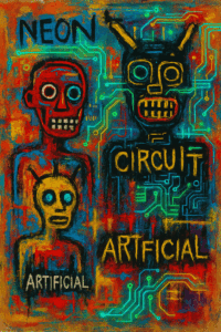 AI-generated painting inspired by Jean-Michel Basquiat, featuring abstract figures, graffiti text, neon glow effects, and digital circuitry motifs.