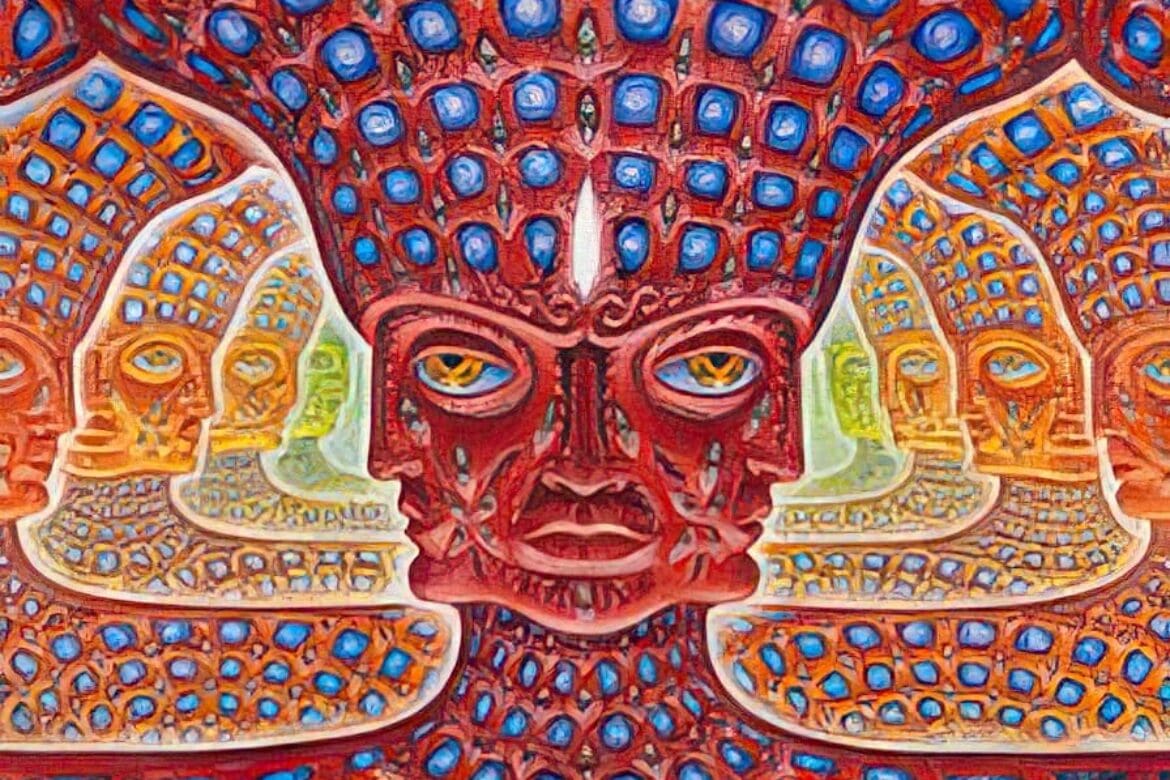 Alex Grey’s Godheads artwork, representing layers of consciousness and spiritual transcendence.